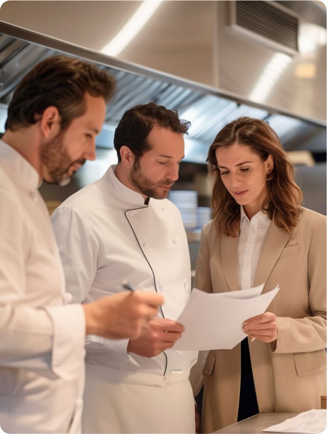 Two chefs and a manager diligently review paperwork in a bustling kitchen, a visual testament to the Expert Culinary Consultation Access provided by Cura Connect. This service grants members unparalleled access to a wealth of industry knowledge from a diverse team of professionals, including chefs, dietitians, and operational specialists. It represents a commitment to delivering customized culinary solutions that meet the unique demands and challenges of today's food service operators, emphasizing the program's adaptive and concierge-style approach to consulting.