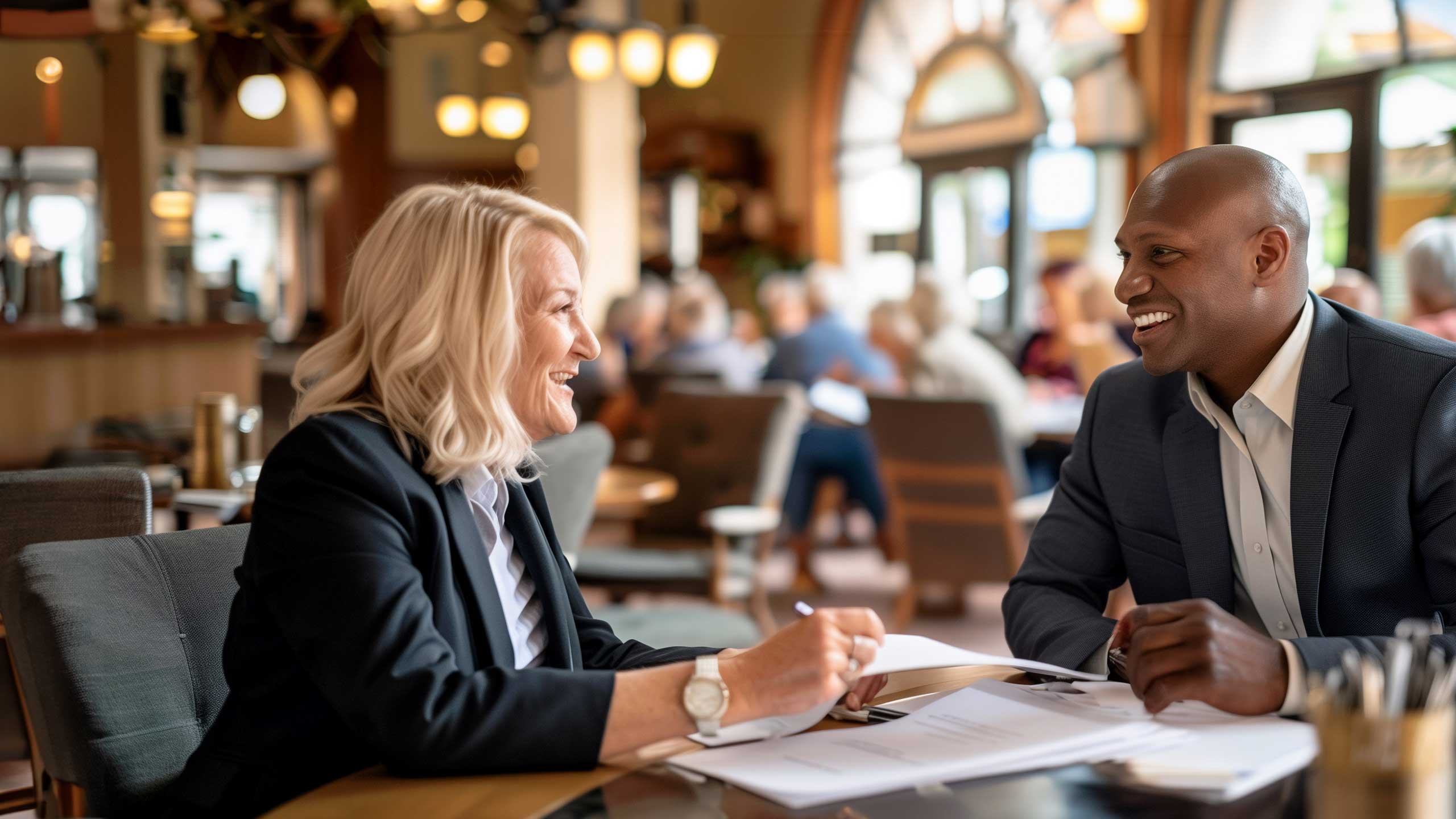 A Cura Connect business consultant collaborates with a client in a senior living community dining room, with residents enjoying their meals in the background, highlighting the personalized service and community engagement central to Cura Connect's mission.