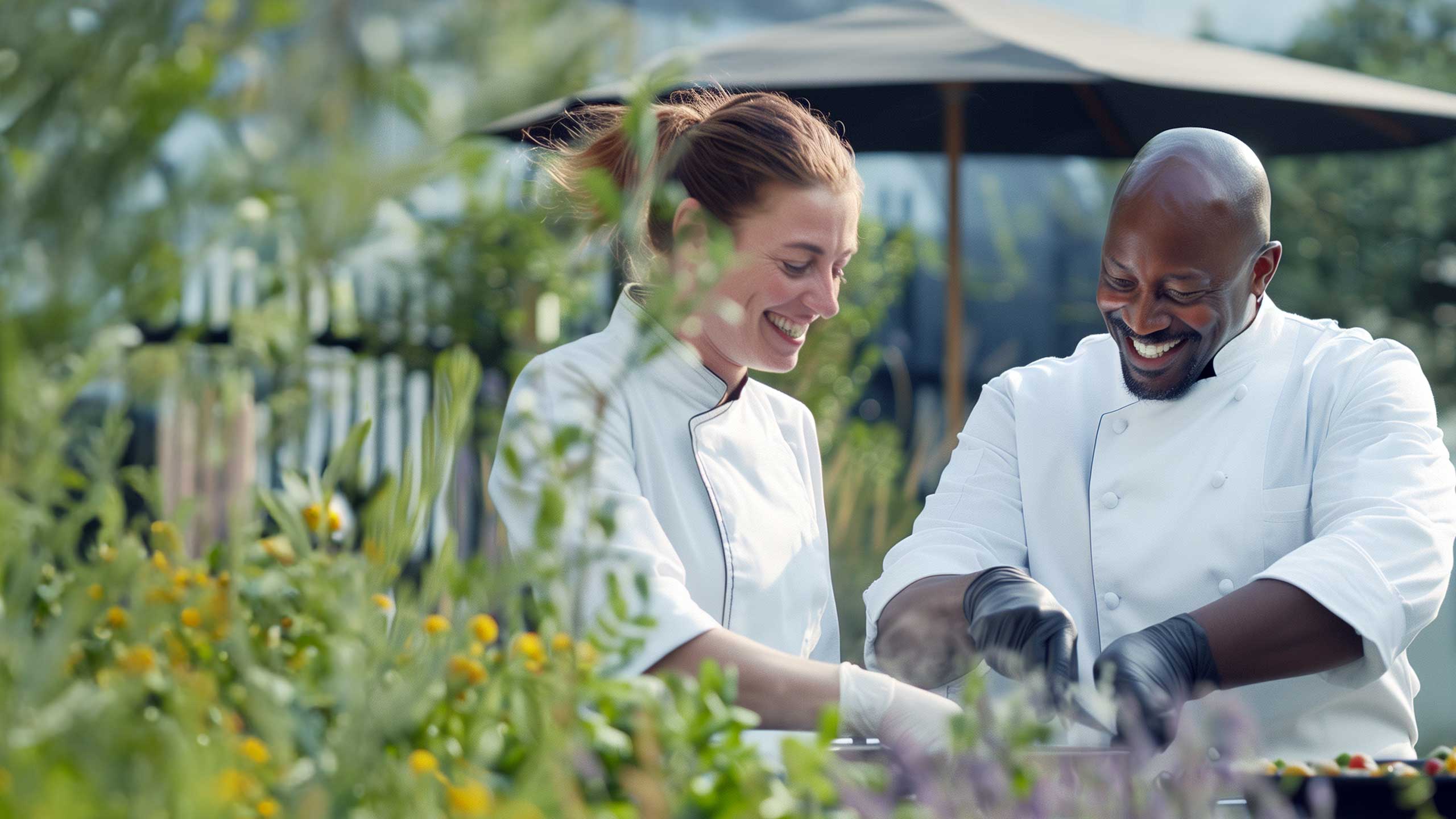 Consulting chefs collaborate in an outdoor kitchen, utilizing an assortment of fresh herbs, exemplifying Cura Connect's commitment to enhancing culinary operations.